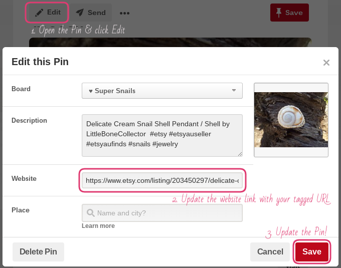 Screenshot of the steps described to edit an existing pin's URL